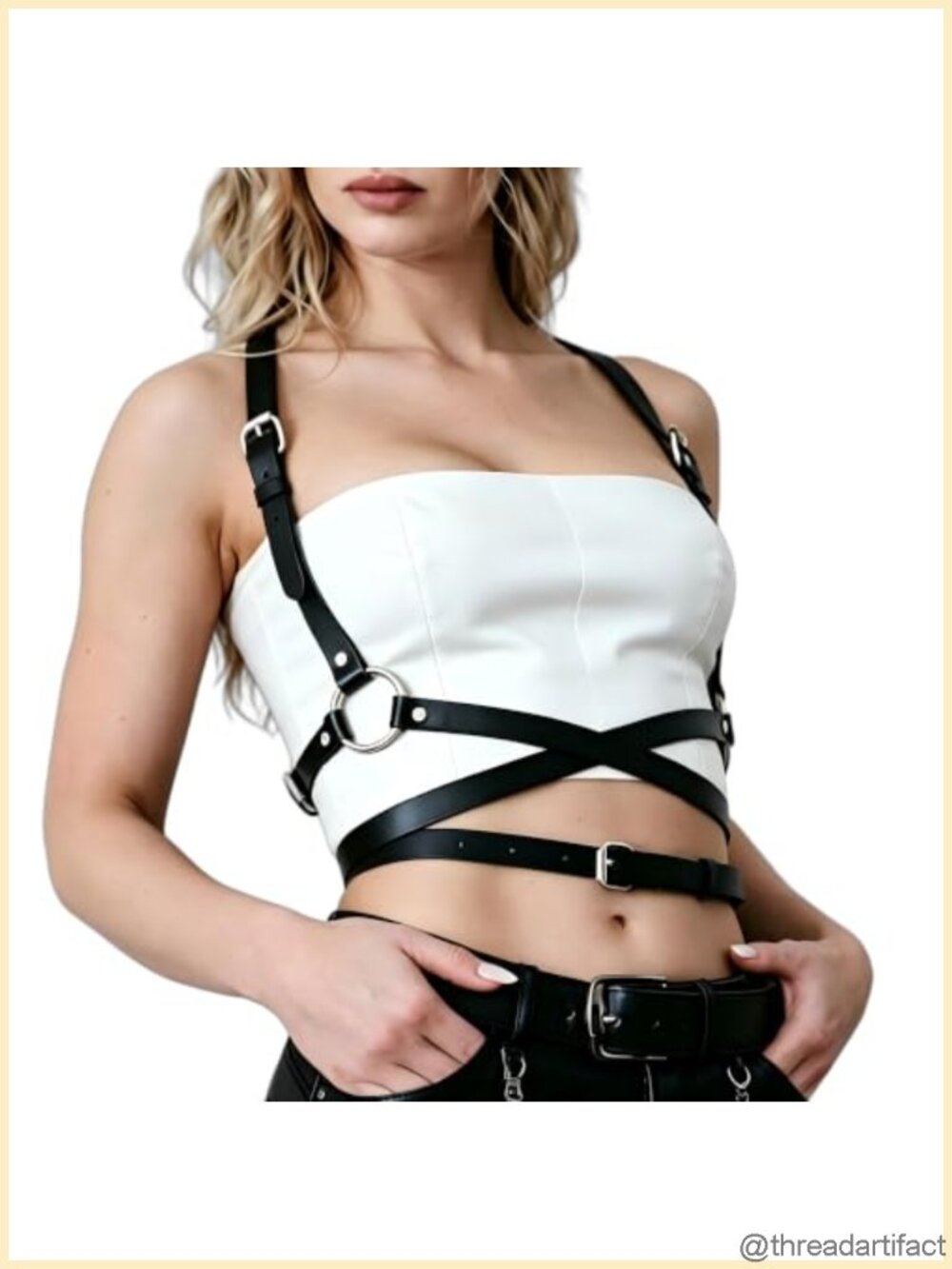 Punk Goth Faux Leather Body Harness Belt with Waist Chain Adjustable